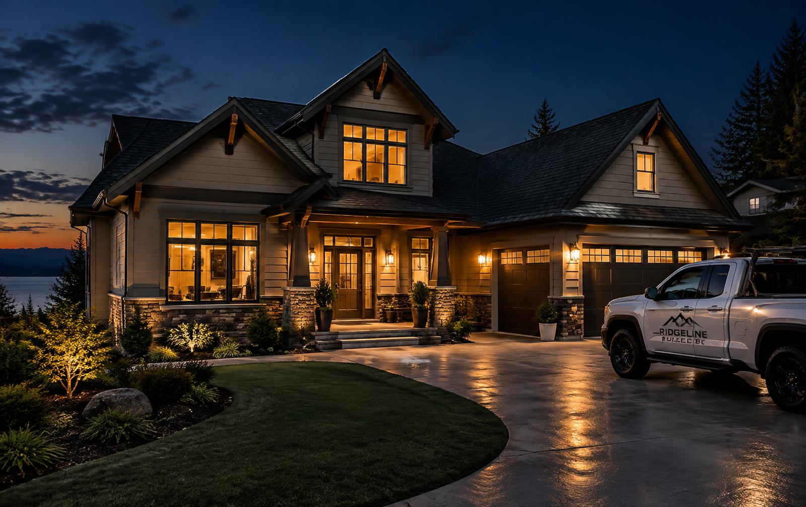 Renovated home at dusk with new roof and siding